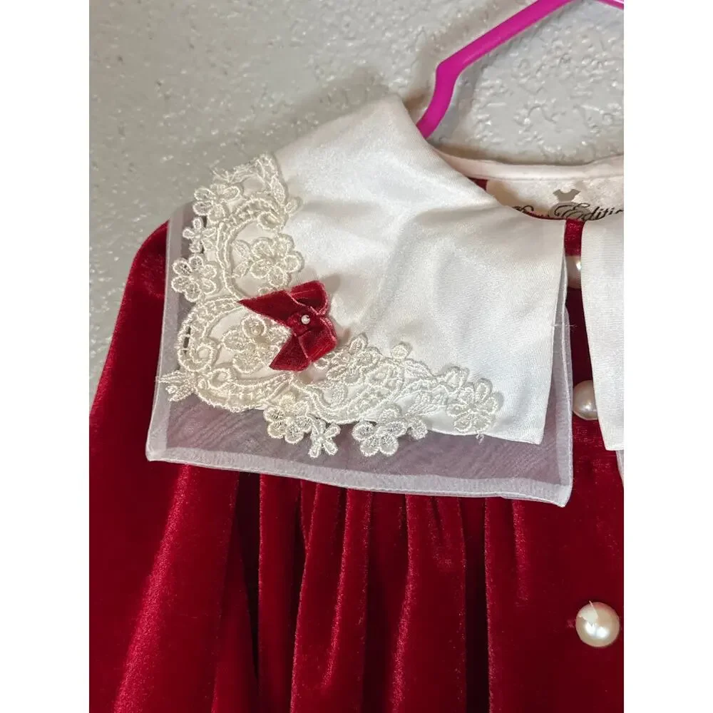 Vintage 80s Red Velvet Dress Toddler Girls 2T Sailor Collar Long Sleeve Lace Hem